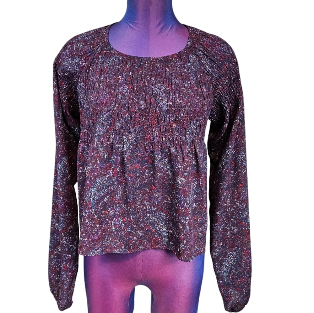 Staring at Stars Aubergine Paisley Smocked Chiffon‎ Top Size Small Women's S34